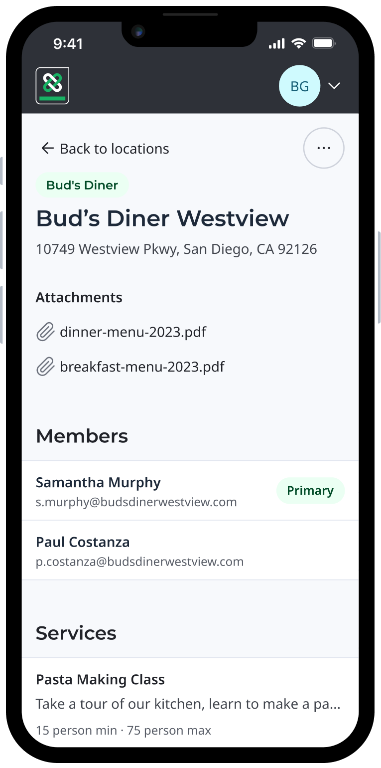 Picture of a phone showing the Bud's Diner location from the Supplier Link interface.